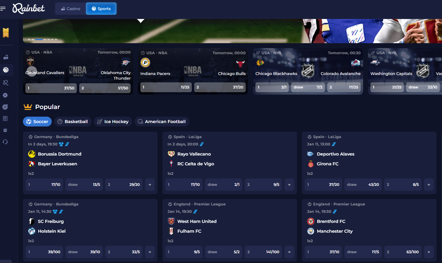 Rainbet Sportsbook Interface