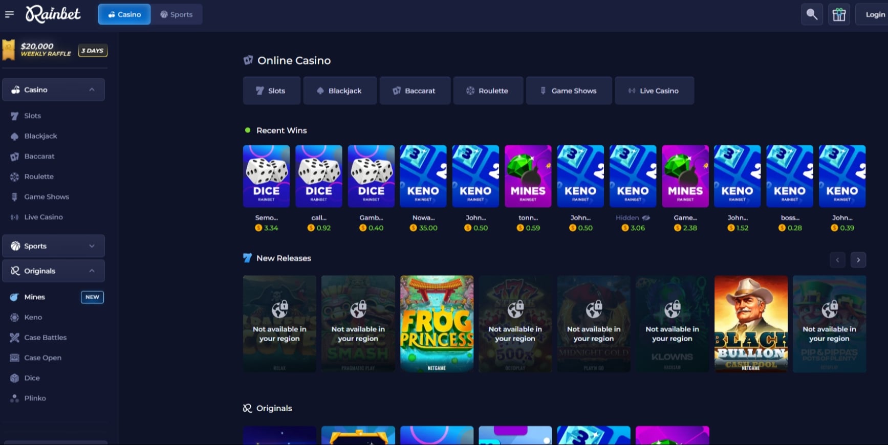 Rainbet Casino gränssnitt