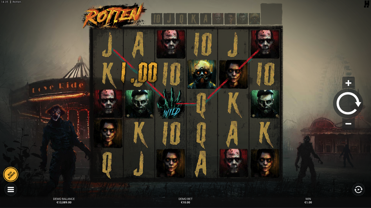 Skärmdump av ett slotspel med fruktsymboler på Rainbets plattform