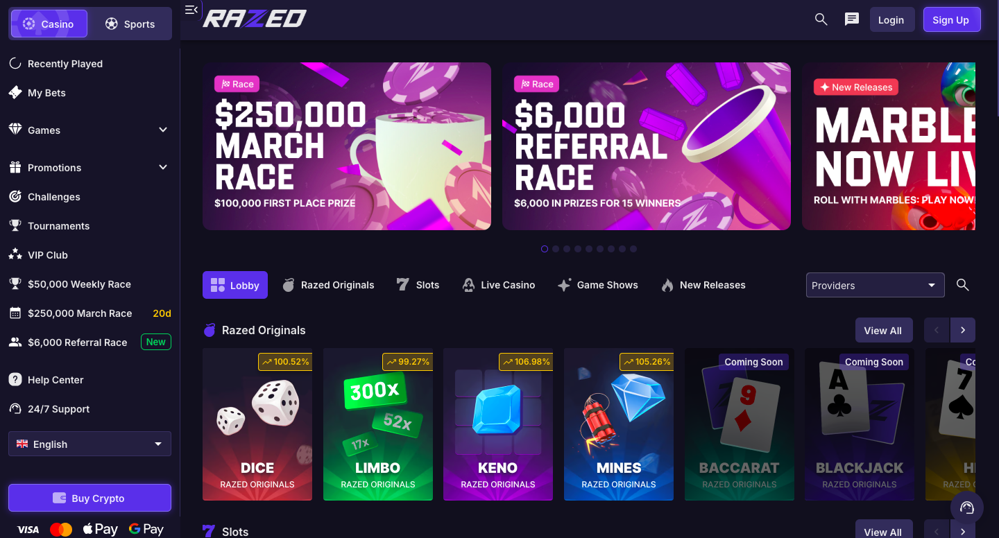 Screenshot of the Razed Casino game lobby interface showing slots and live dealer categories