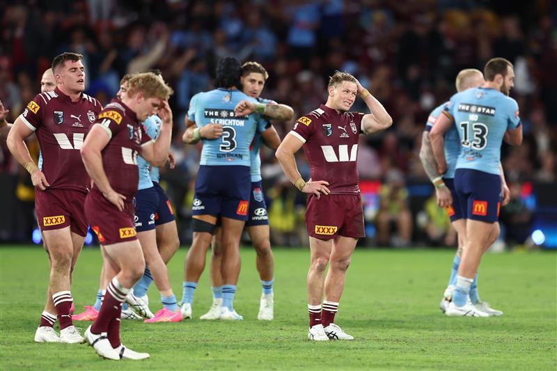 BRISBANE, AUSTRALIA - MAY 28: Harry Grant of the Maroons looks dejected after game one of the Men