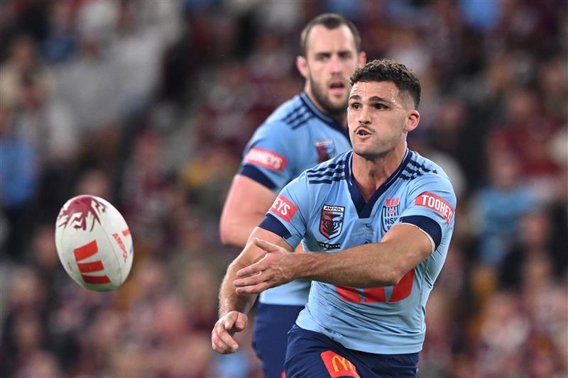 BRISBANE, AUSTRALIA - MAY 28: Nathan Cleary of the Blues passes the ball during game one of the Men