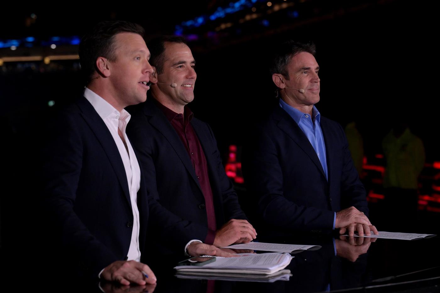 BRISBANE, AUSTRALIA - MAY 28: (L-R) James Bracey, Cameron Smith and Brad Fittler commentate for the Nine Network ahead of game one of the Men