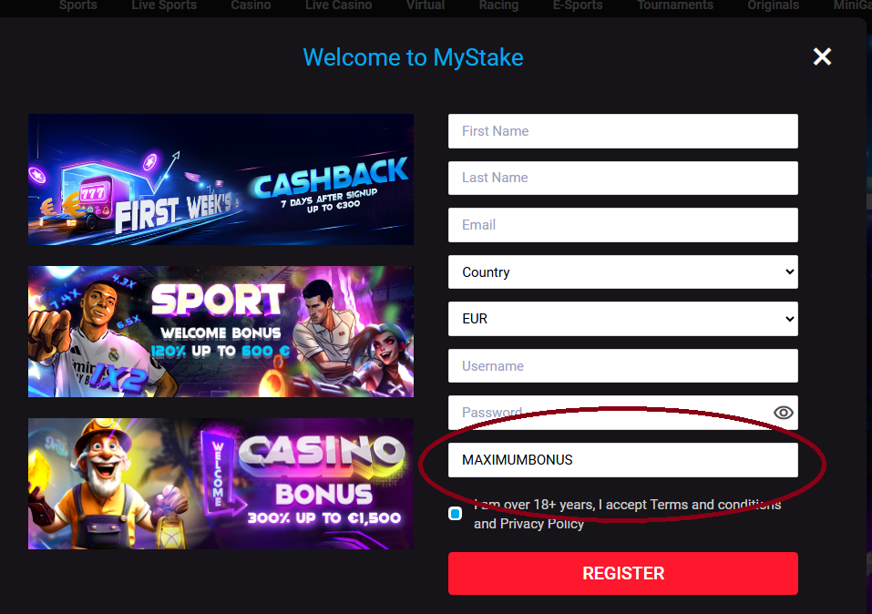 Visualisation du bonus Mystake avec code promo