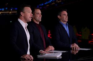 BRISBANE, AUSTRALIA - MAY 28: (L-R) James Bracey, Cameron Smith and Brad Fittler commentate for the Nine Network ahead of game one of the Men