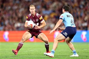 BRISBANE, AUSTRALIA - MAY 28: Mitchell Moses of the Blues tackles Daly Cherry-Evans of the Maroons during game one of the Men