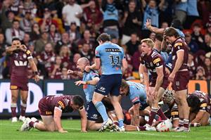 BRISBANE, AUSTRALIA - MAY 28: Dylan Edwards of the Blues celebrates scoring a try during game one of the Men