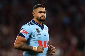 BRISBANE, AUSTRALIA - MAY 28: Latrell Mitchell of the Blues looks on during game one of the Men