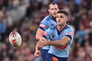BRISBANE, AUSTRALIA - MAY 28: Nathan Cleary of the Blues passes the ball during game one of the Men