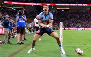 BRISBANE, AUSTRALIA - MAY 28: Zac Lomax of the Blues celebrates after scoring a try during game one of the Men