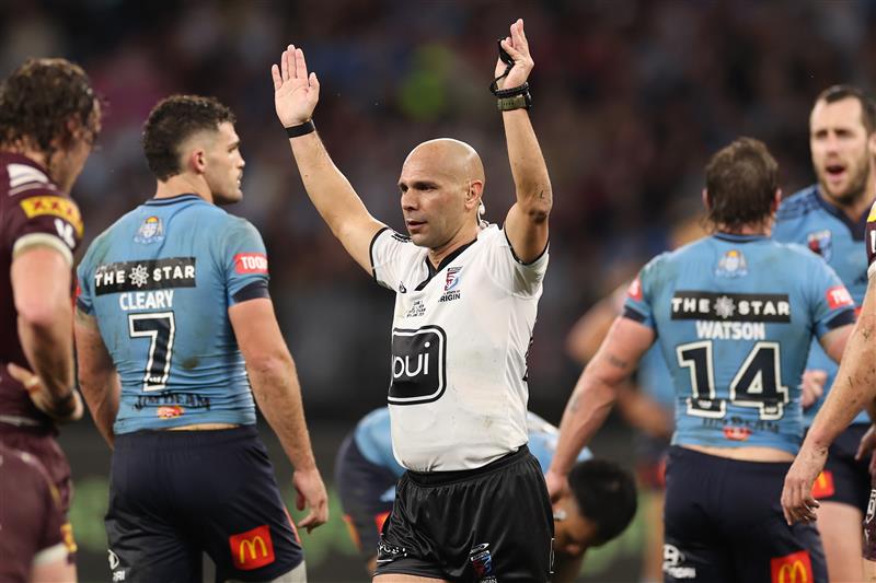 PERTH, AUSTRALIA - JUNE 18: Referee Ashley Klein signals during game two of the Men