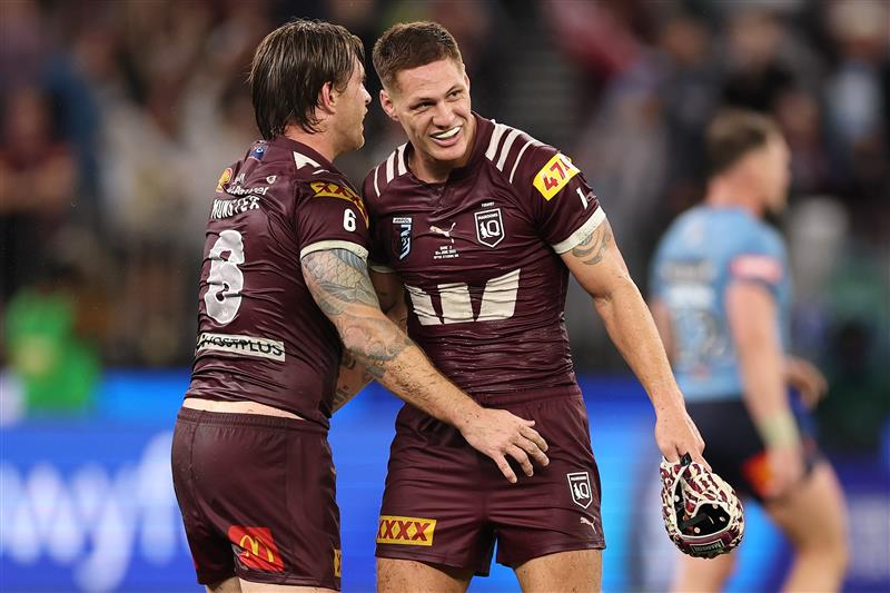 PERTH, AUSTRALIA - JUNE 18: Cameron Munster and Kalyn Ponga of the Maroons celebrate winning game two of the Men