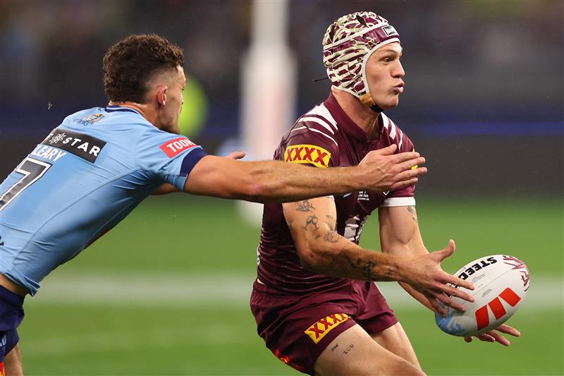 PERTH, AUSTRALIA - JUNE 18: Kalyn Ponga of the Maroons passes the ball during game two of the Men