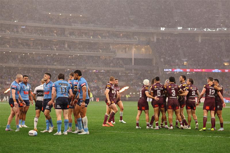 PERTH, AUSTRALIA - JUNE 18: Kurt Capewell of the Maroons celebrates scoring a try with teammates during game two of the Men