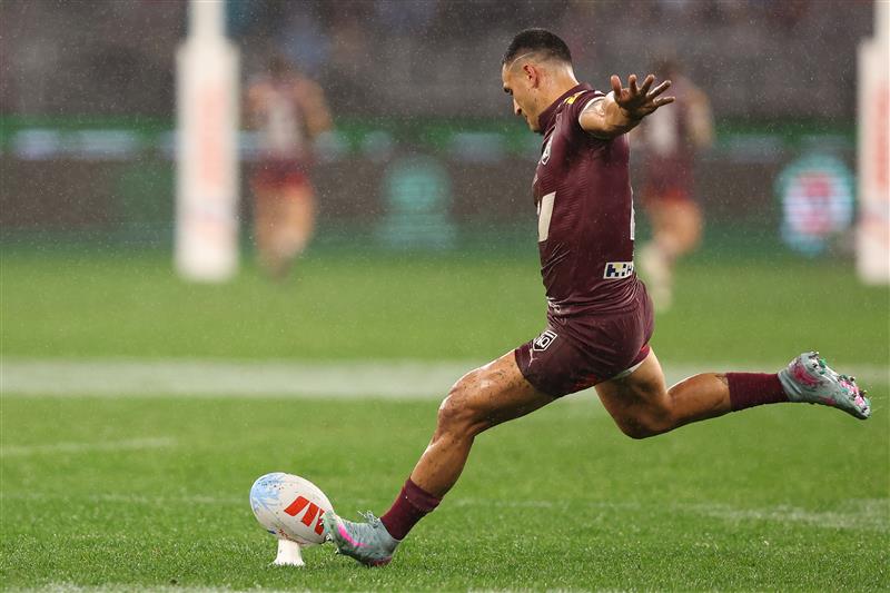 PERTH, AUSTRALIA - JUNE 18: Valentine Holmes of the Maroons attempts a conversion during game two of the Men