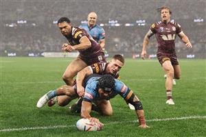 PERTH, AUSTRALIA - JUNE 18: Stephen Crichton of the Blues scores a try during game two of the Men