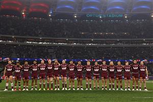 PERTH, AUSTRALIA - JUNE 18: Maroon players line up for the national anthem ahead of game two of the Men