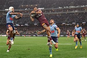 PERTH, AUSTRALIA - JUNE 18: Hamiso Tabuai-Fidow of the Maroons scores his second try during game two of the Men