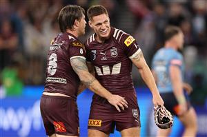 PERTH, AUSTRALIA - JUNE 18: Cameron Munster and Kalyn Ponga of the Maroons celebrate winning game two of the Men