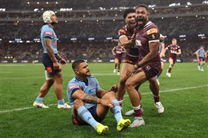 PERTH, AUSTRALIA - JUNE 18: Hamiso Tabuai-Fidow of the Maroons celebrates with team mates after scoring his second try during game two of the Men