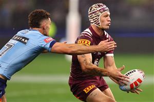PERTH, AUSTRALIA - JUNE 18: Kalyn Ponga of the Maroons passes the ball during game two of the Men