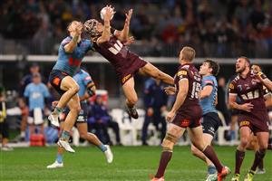 PERTH, AUSTRALIA - JUNE 18: Kalyn Ponga of the Maroons and Zac Lomax of the Blues compete for the ball during game two of the Men