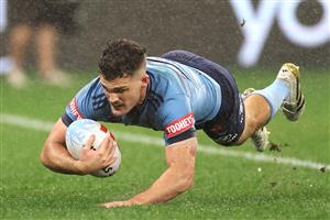 PERTH, AUSTRALIA - JUNE 18: Nathan Cleary of the Blues scores a try, which was then disallowed by the video bunker during game two of the Men