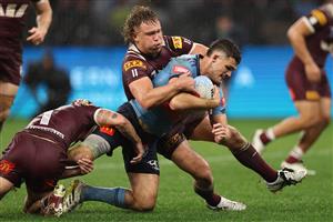 PERTH, AUSTRALIA - JUNE 18: Nathan Cleary of the Blues is tackled during game two of the Men