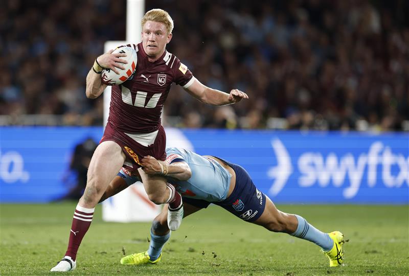 SYDNEY, AUSTRALIA - JULY 09: Tom Dearden of the Maroons is tackled during game three of the Men