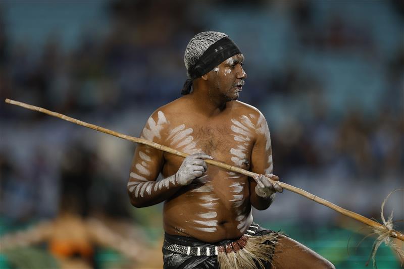SYDNEY, AUSTRALIA - JULY 09: An Indigenous dancer performs ahead of game three of the Men
