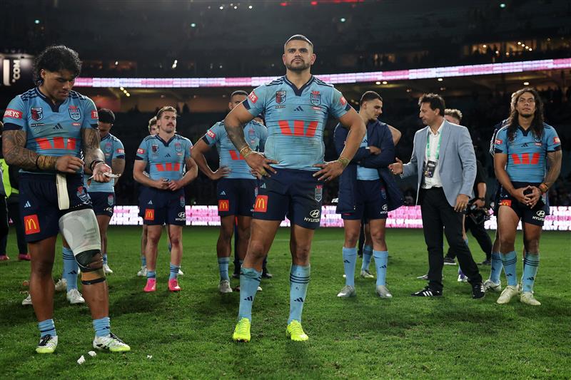 SYDNEY, AUSTRALIA - JULY 09: Latrell Mitchell and the Blues look on after game three of the Men