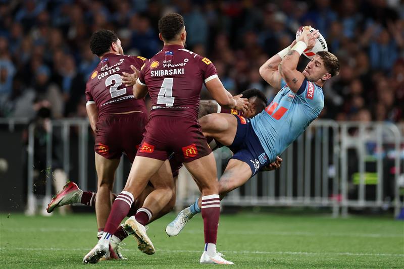 SYDNEY, AUSTRALIA - JULY 09: Zac Lomax of the Blues is tackled during game three of the Men