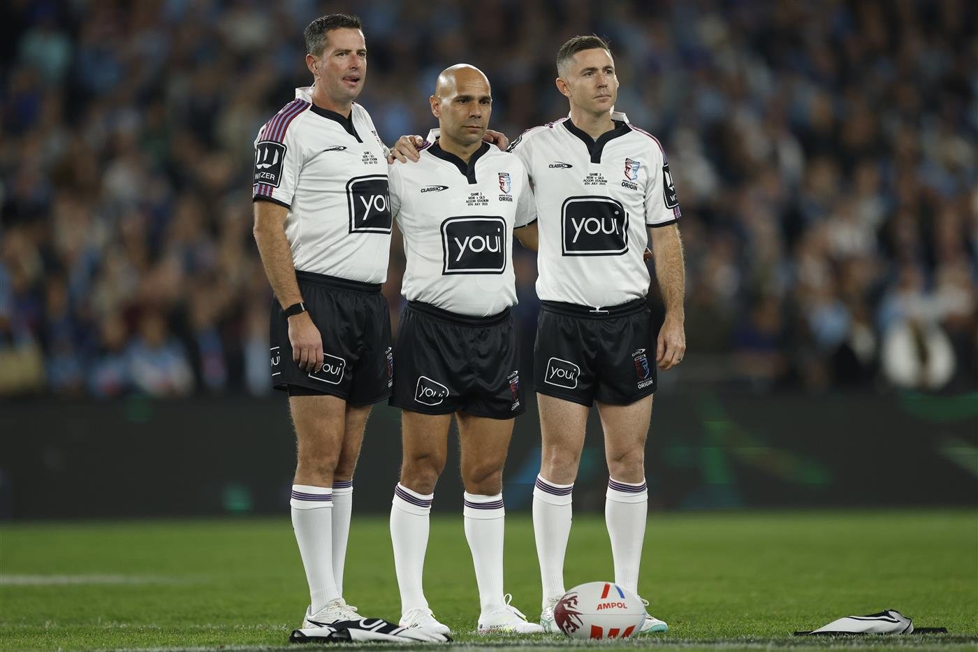 SYDNEY, AUSTRALIA - JULY 09: (L-R)Match Officials Dave Munro, Ashley Klein and Chris Sutton line up for the national anthem ahead of game three of the Men
