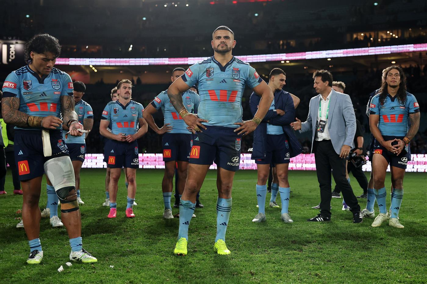 SYDNEY, AUSTRALIA - JULY 09: Latrell Mitchell and the Blues look on after game three of the Men