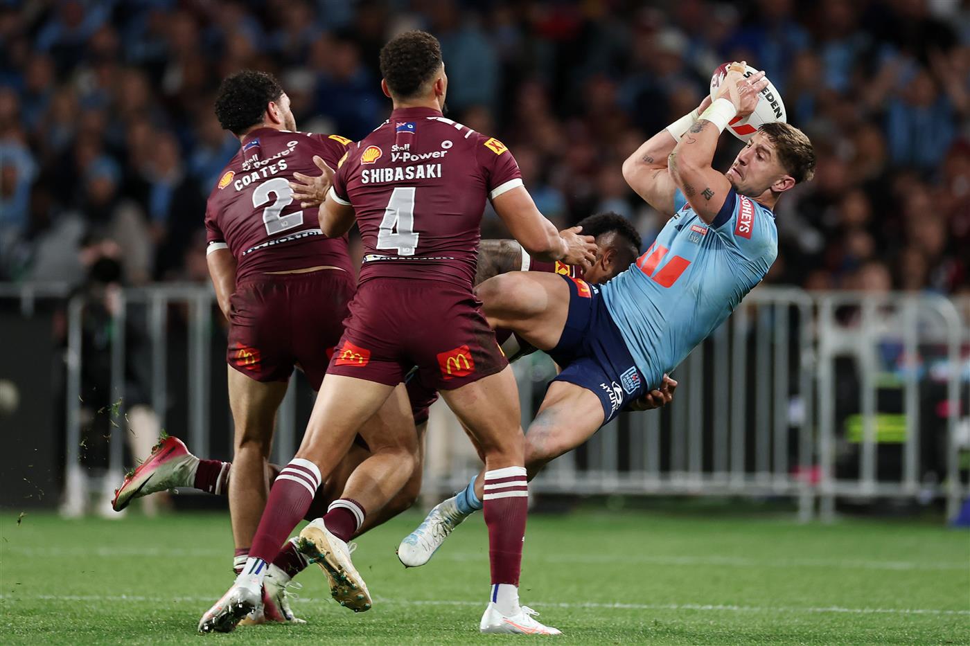 SYDNEY, AUSTRALIA - JULY 09: Zac Lomax of the Blues is tackled during game three of the Men