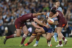 SYDNEY, AUSTRALIA - JULY 09: Spencer Leniu of the Blues is tackled during game three of the Men