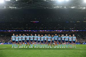SYDNEY, AUSTRALIA - JULY 09: New South Wales Blues during the National anthem ahead of game three of the Men