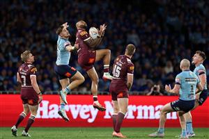 SYDNEY, AUSTRALIA - JULY 09: Hamiso Tabuai-Fidow of the Maroons takes a high ball during game three of the Men