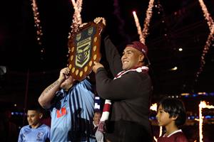SYDNEY, AUSTRALIA - JULY 09: The Las Vegas Raiders players hold the State of Origin Shield ahead of game three of the Men