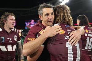 SYDNEY, AUSTRALIA - JULY 09: Billy Slater, Maroons head coach celebrates winning with Reuben Cotter after game three of the Men