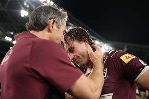 SYDNEY, AUSTRALIA - JULY 09: Billy Slater, Maroons head coach celebrates winning with captain Cameron Munster after game three of the Men