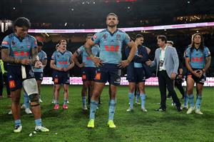 SYDNEY, AUSTRALIA - JULY 09: Latrell Mitchell and the Blues look on after game three of the Men