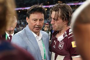 SYDNEY, AUSTRALIA - JULY 09: Laurie Daley, Blues head coach and Maroons Captain Cameron Munster after game three of the Men