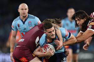 SYDNEY, AUSTRALIA - JULY 09: Nathan Cleary of the Blues is tackled during game three of the Men