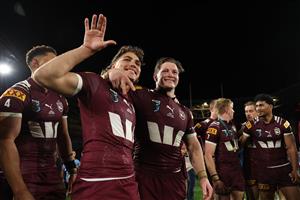 SYDNEY, AUSTRALIA - JULY 09: Reece Walsh and Harry Grant of the Maroons celebrate winning game three of the Men