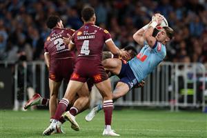 SYDNEY, AUSTRALIA - JULY 09: Zac Lomax of the Blues is tackled during game three of the Men