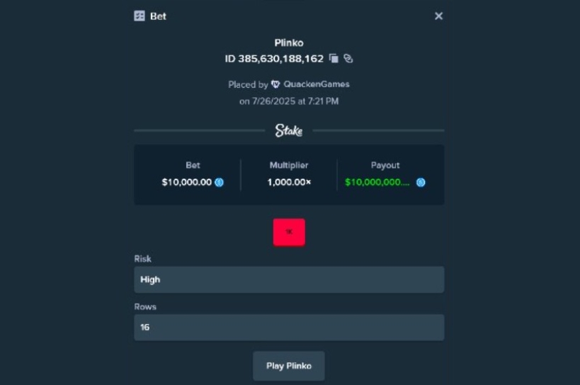 10M Stake Plinko Win