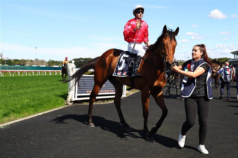 SYDNEY, AUSTRALIA - AUGUST 23: Jason Collett riding  Signor Tortoni win Race 1 Midway during Sydney Racing at Royal Randwick Racecourse on August 23, 2025 in Sydney, Australia. (Photo by Jeremy Ng/Getty Images)