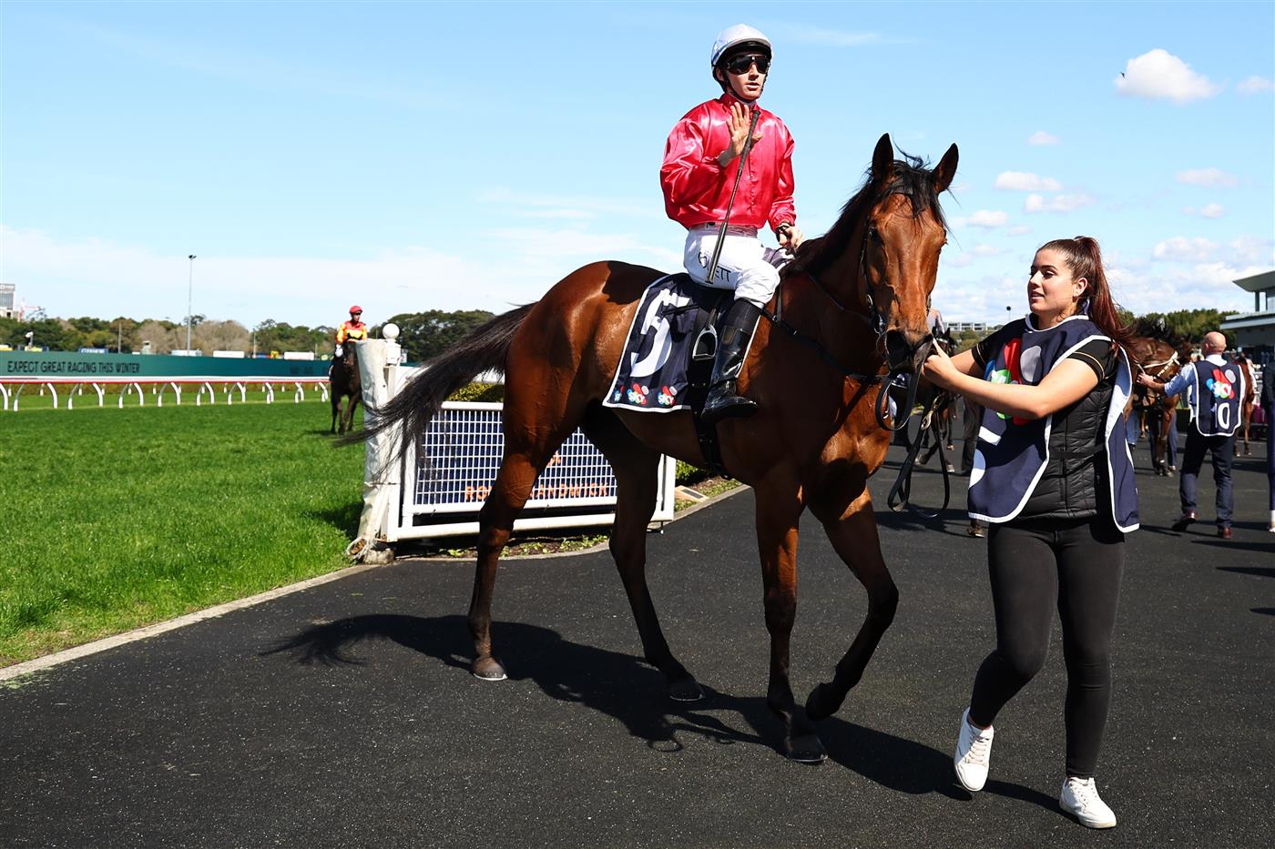 SYDNEY, AUSTRALIA - AUGUST 23: Jason Collett riding  Signor Tortoni win Race 1 Midway during Sydney Racing at Royal Randwick Racecourse on August 23, 2025 in Sydney, Australia. (Photo by Jeremy Ng/Getty Images)