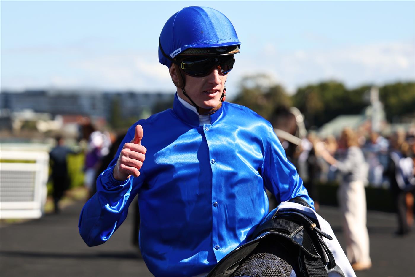 SYDNEY, AUSTRALIA - AUGUST 23: Chad Schofield riding Kerguelen win Race 4 Jersey Day Andrew Wisemantel during Sydney Racing at Royal Randwick Racecourse on August 23, 2025 in Sydney, Australia. (Photo by Jeremy Ng/Getty Images)